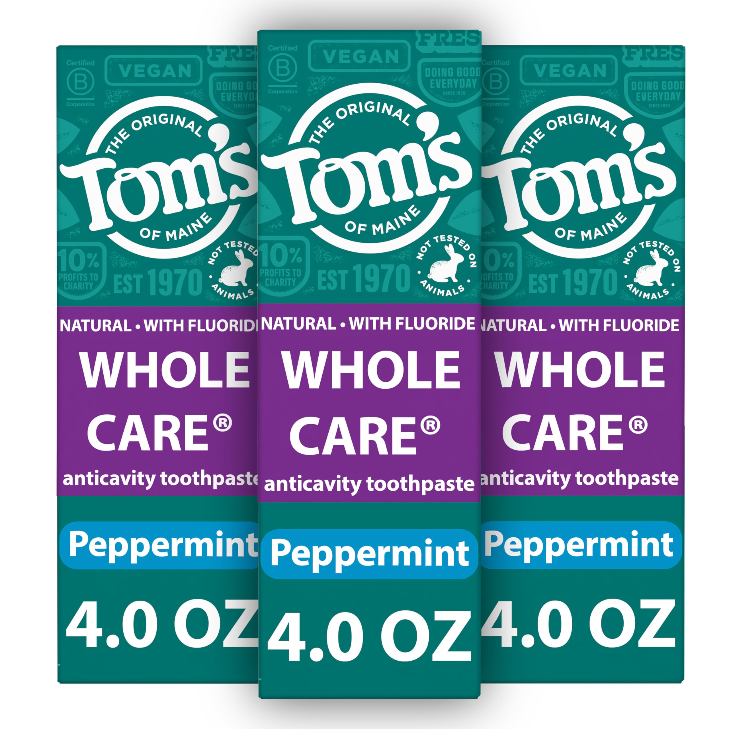 Tom's of Maine Whole Care Natural Toothpaste with Fluoride, Peppermint - Refreshing Mint Flavor, Oral Care for Daily Use